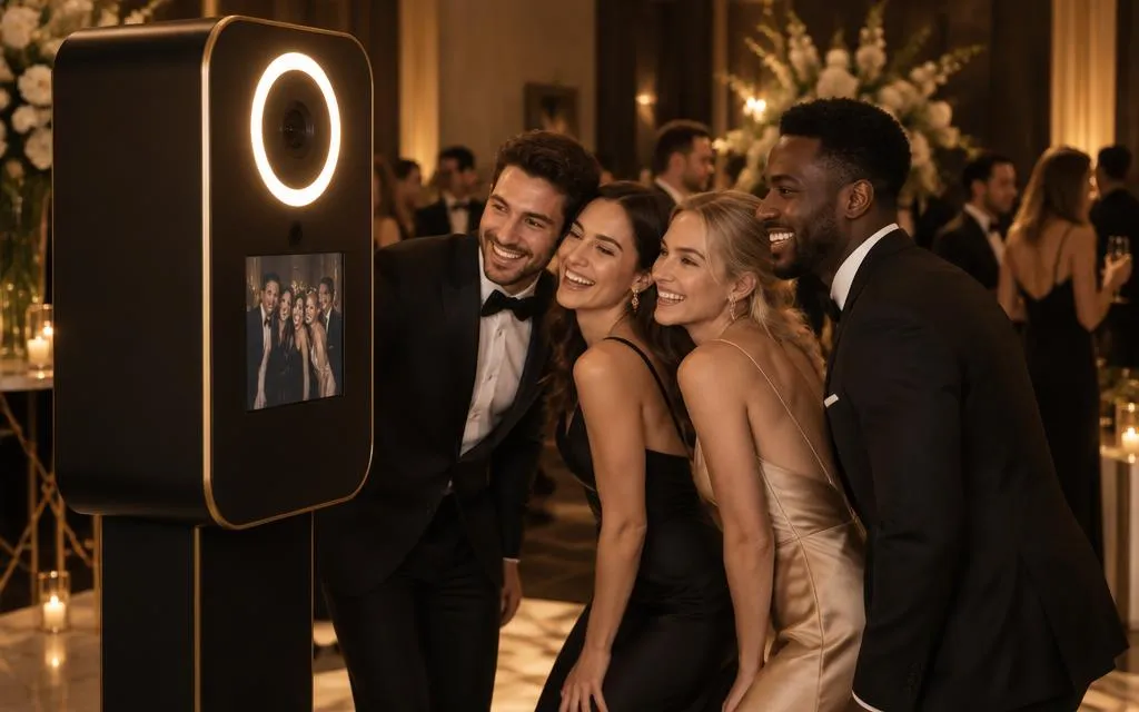 Gäste lachen vor einer Fotobox