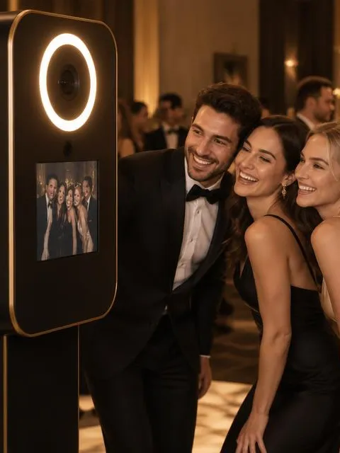 Gäste lachen vor einer Fotobox