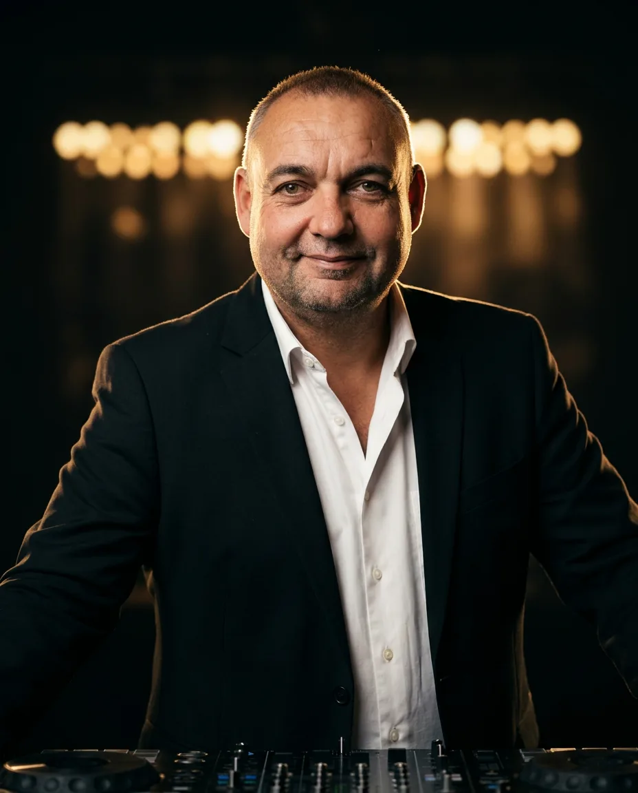 DJ Remo im Sakko am DJ-Pult, warmes Licht im Hintergrund
